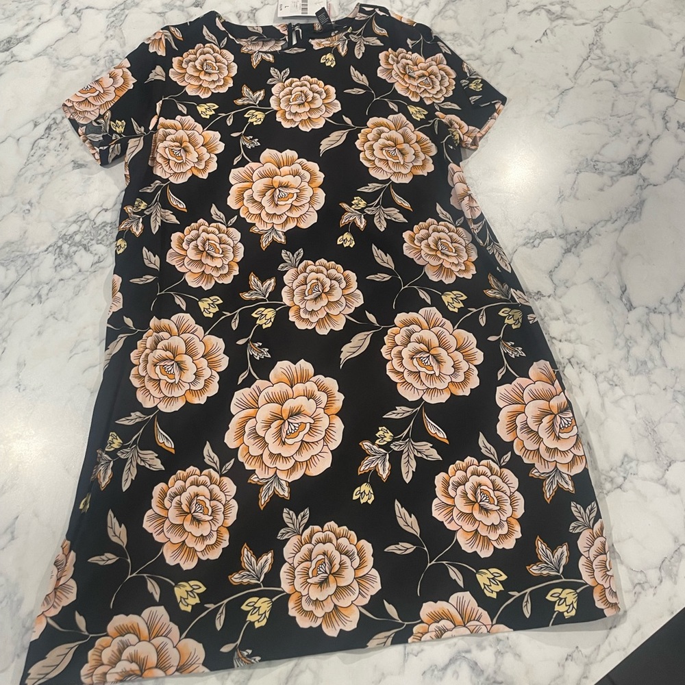 Floral black pink and orange flowers, cocktail/sundress